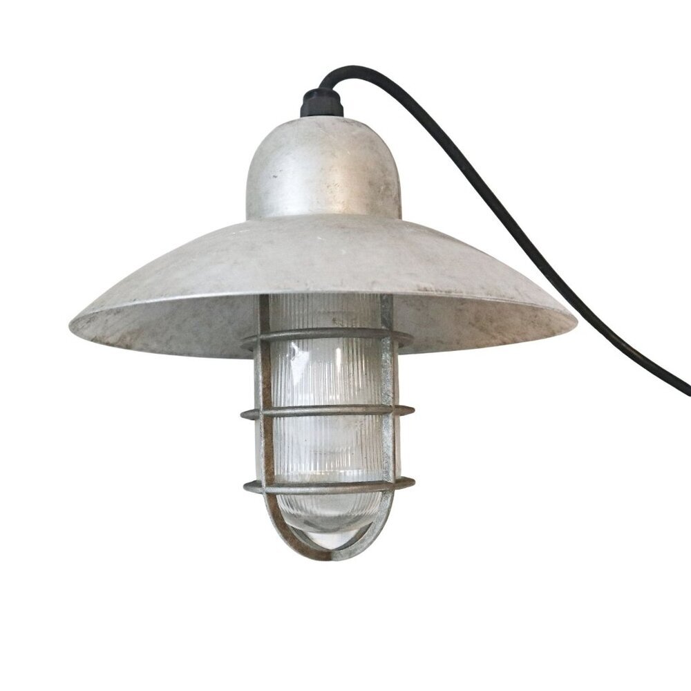 Vintage Industrial Aluminum Pendant Light With Ribbed Glass Shade & Metal Cage
